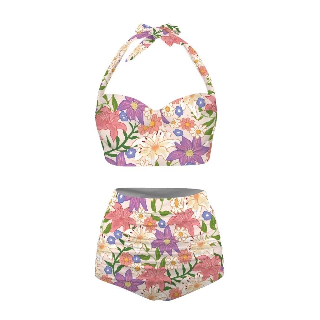 Youngerbaby Flower Print Women Two Piece Swimsuit Set Novelty V-Neck Sexy Backless Top Mid Rise Bottom Bathing Suit Bikini Set