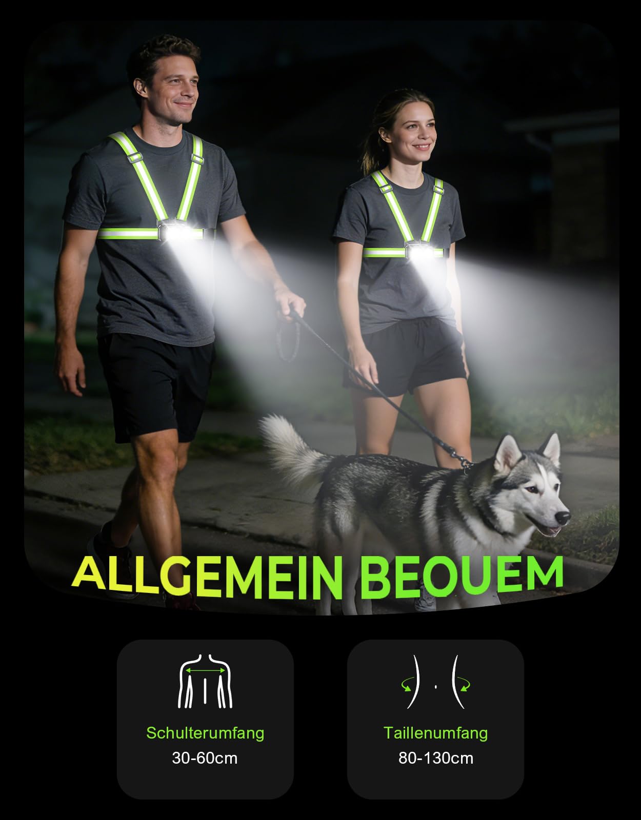 EOIWUY 800 Lumen Ultraleuchtstarkes Lauflampe Joggen mit Rücklicht, 7+2 Lichtmodi Lauflicht, 45° Lichtstrahl & 360°-Reflektorband Brustlampe, IPX4 Wasserdicht, USB Aufladbar, Laufzeit 4-25 Stunden