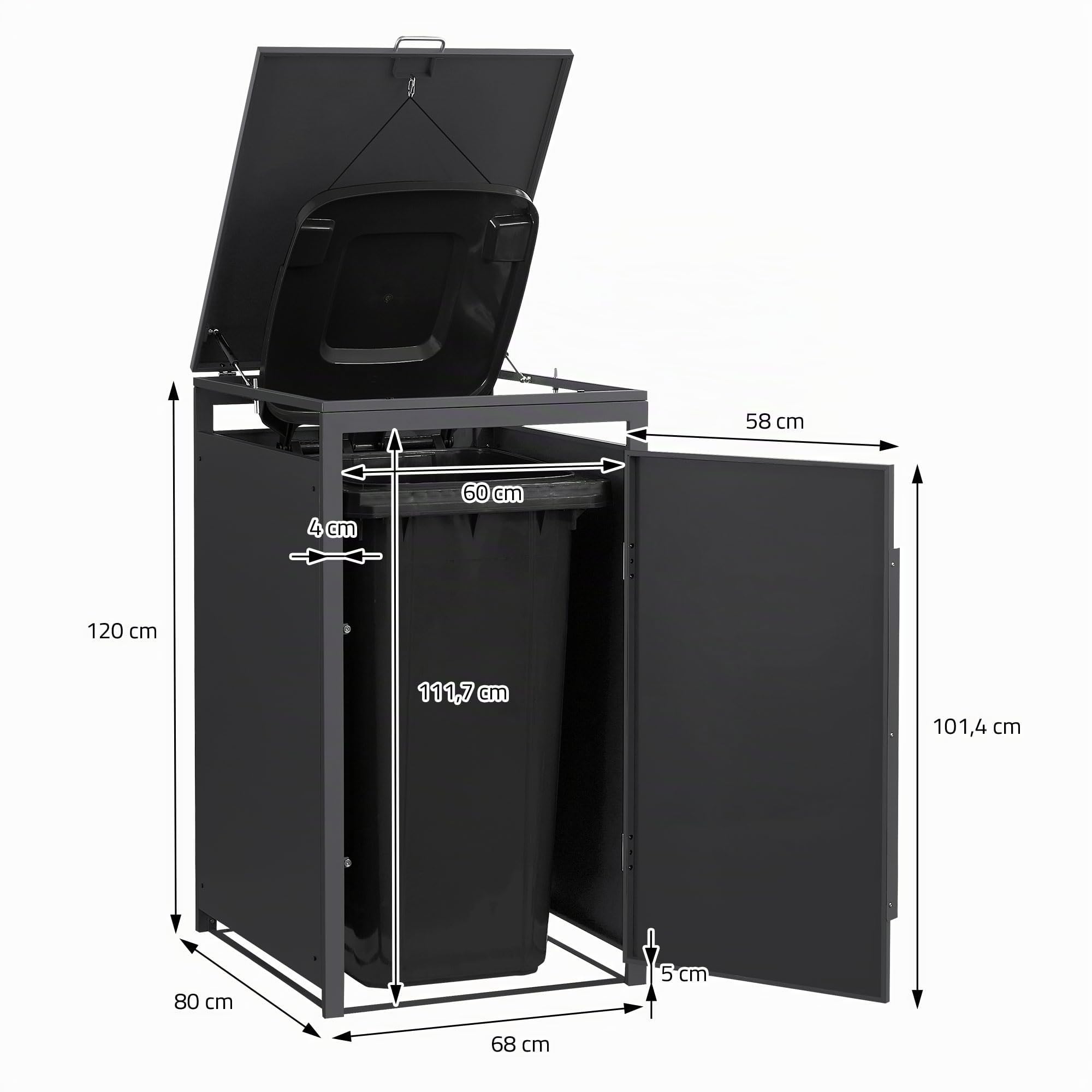 ML-Design Abri Cache 1 Poubelle, 68x80x120cm 240L, Anthracite Aspect Bois Claire, en Acier, Couvercle Rabattable et Porte Clôture, Protection Visuelle, Habillage Conteneurs, Résistant aux Intempéries