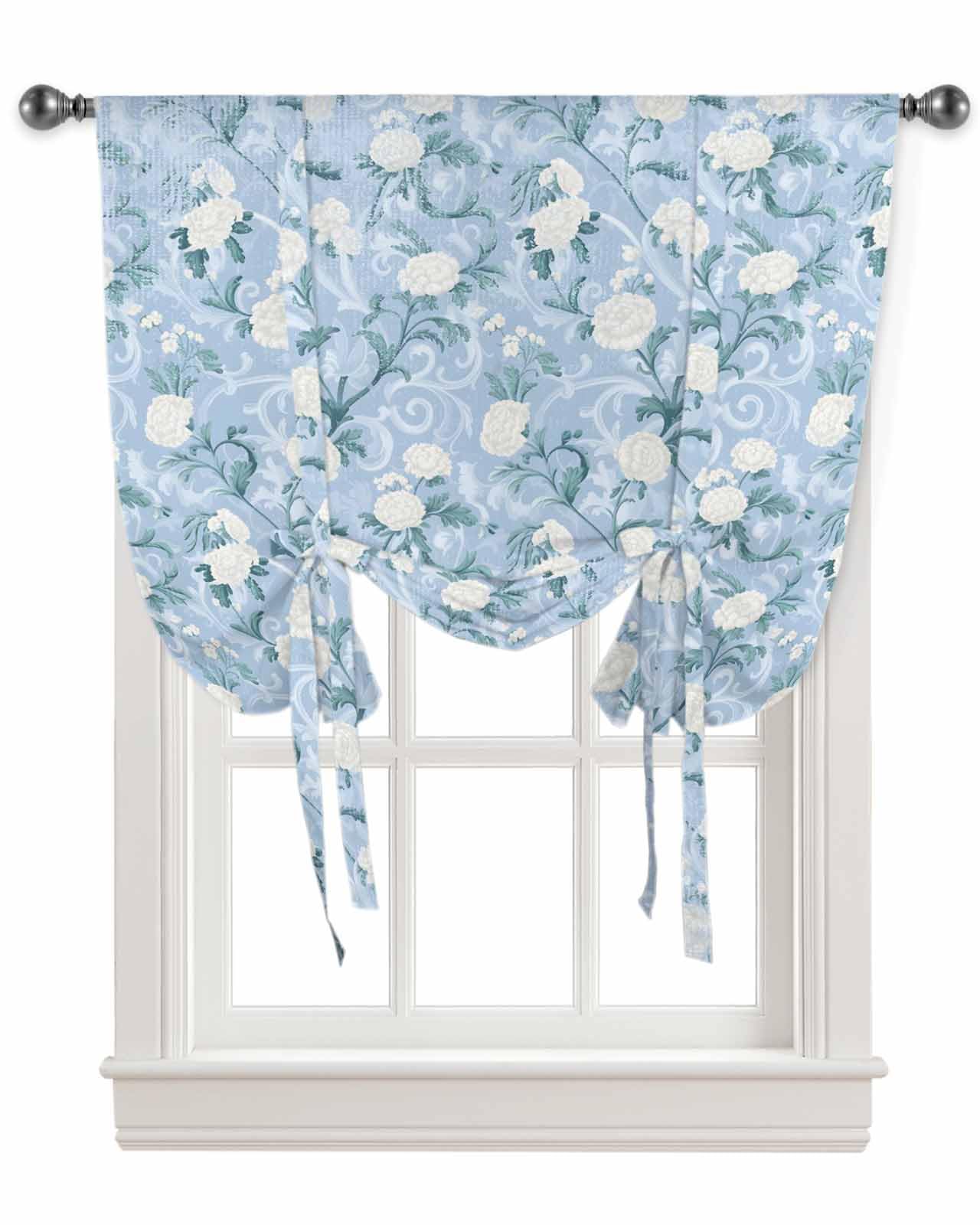 Blue Spring Flower Tie Up Curtains for Window, Thermal Insulted Balloon Shade Adjustable Rod Pocket Curtains Valance Panels for Kitchen Bathroom Café