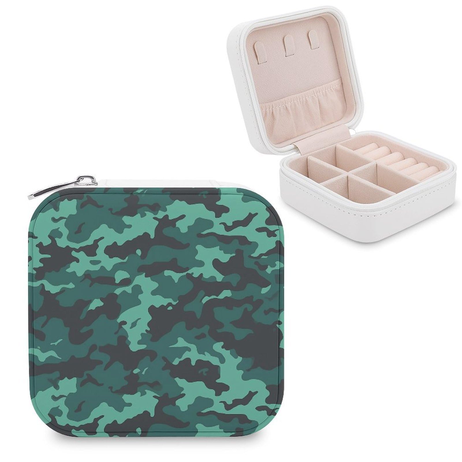 MUSM Teal Camouflage Travel Jewelry Case Personalized PU Leather Jewelry Boxes for Women Small Portable Jewelry Organizer Box Cute Trinket Box for Necklaces Rings Earrings & Gifts