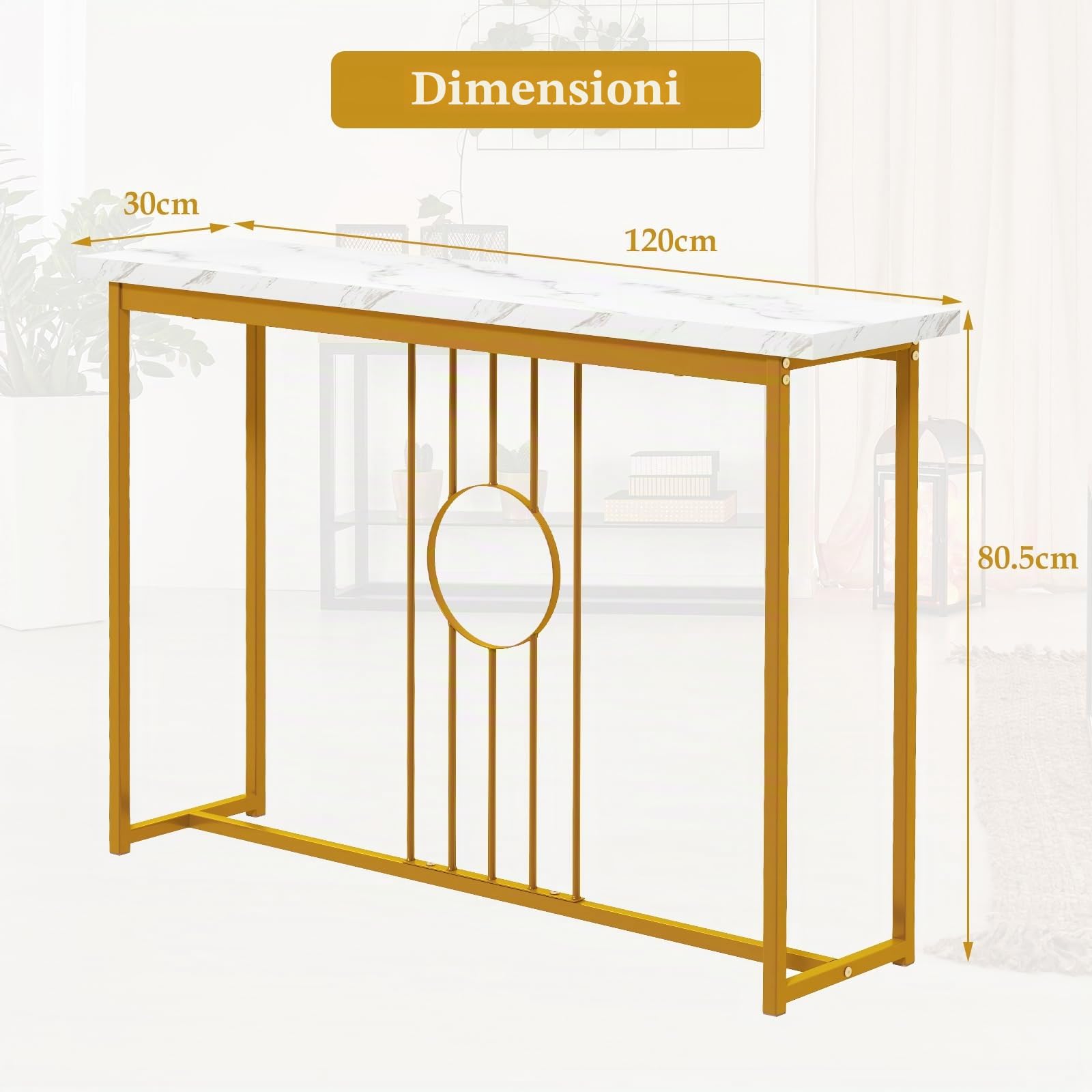 GIANTEX Tavolo Console da ingresso, ingresso stretto con piano in marmo imitazione e struttura in metallo dorato, tavolo laterale da 120 cm per corridoio, soggiorno, 120 x 30 x 80,5 cm