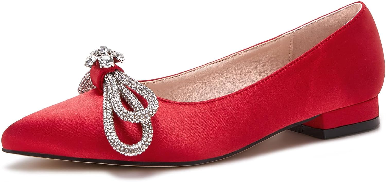 VETASTE Women's Ballet Flats Double Bow Pointed Toe Casual Comfortable Slip on Flat Ballerina Shoes 8 Red