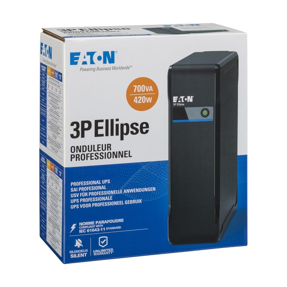 Eaton Série Ellipse – Onduleur 3P700F – 700VA/420W, 4 Prises FR, Protection Batterie + surtension, Design Compact et Silencieux, Protection Foudre, Noir (B0F9YRH8BK)