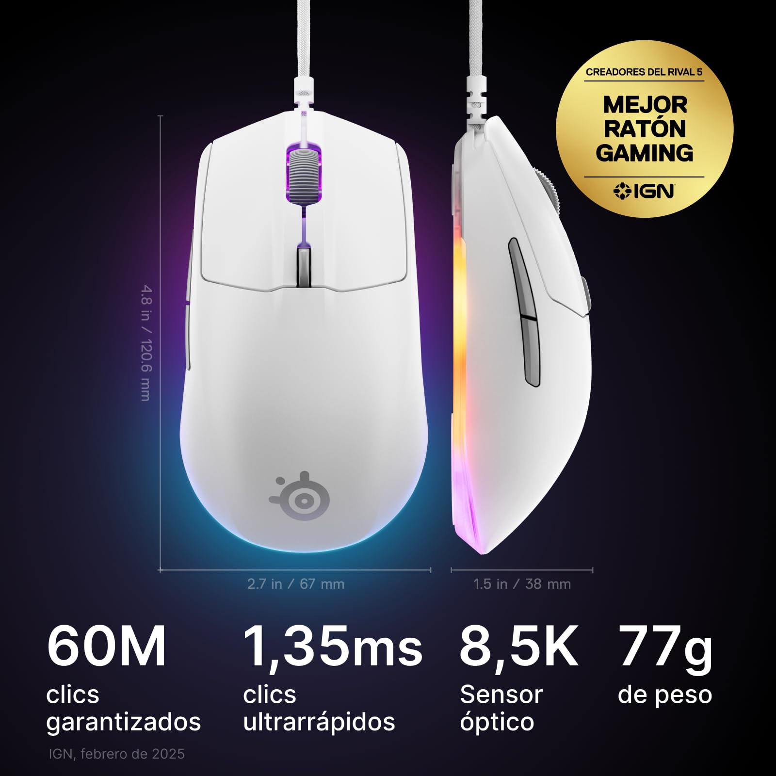 SteelSeries Mouse da gioco Rival 3 Gen 2 - Sensore ottico TrueMove Core da 8500 DPI - Durata 60 milioni di clic - Bassa latenza - 77g Leggero - Piedi 100% PTFE - RGB - Bianco