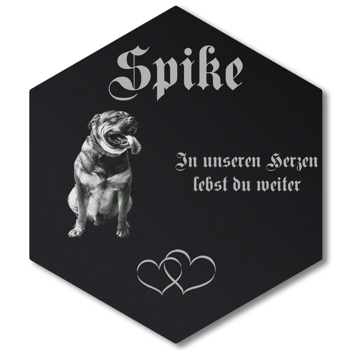 Personalisierter Sechseck Grabstein mit Foto Gravur - Acrylglas Schwarz Hochglanz 350 x 400 mm - wetterfest und wasserfest für Draußen und Innen, für Hund, Katze und alle Haustiere