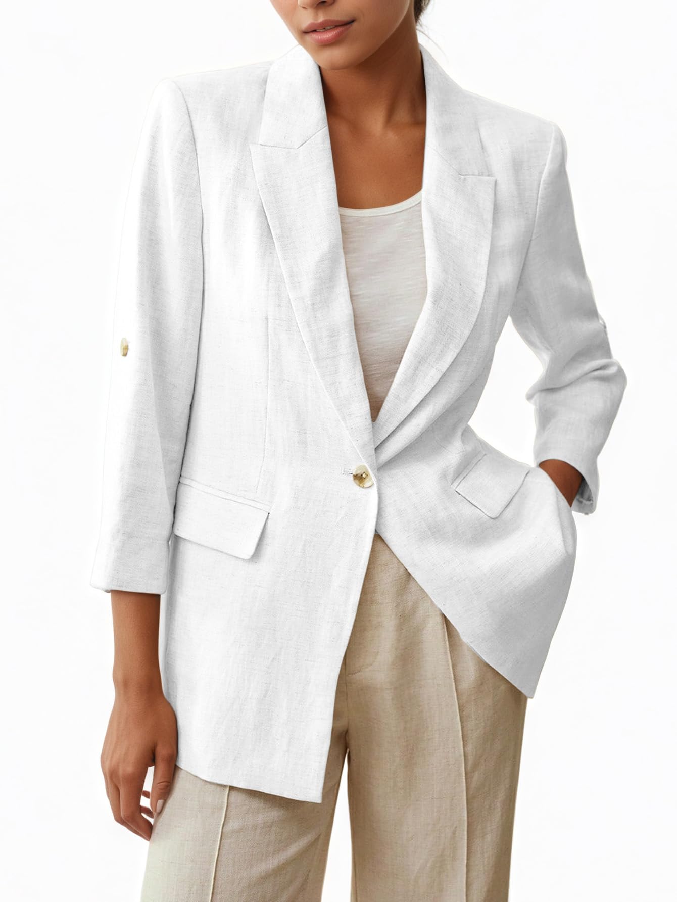 Mina Self 2025 Womens Summer Linen Blazer 3 4 Sleeve Long Lightweight Fully-Lined Trendy Casual Work Office Suit