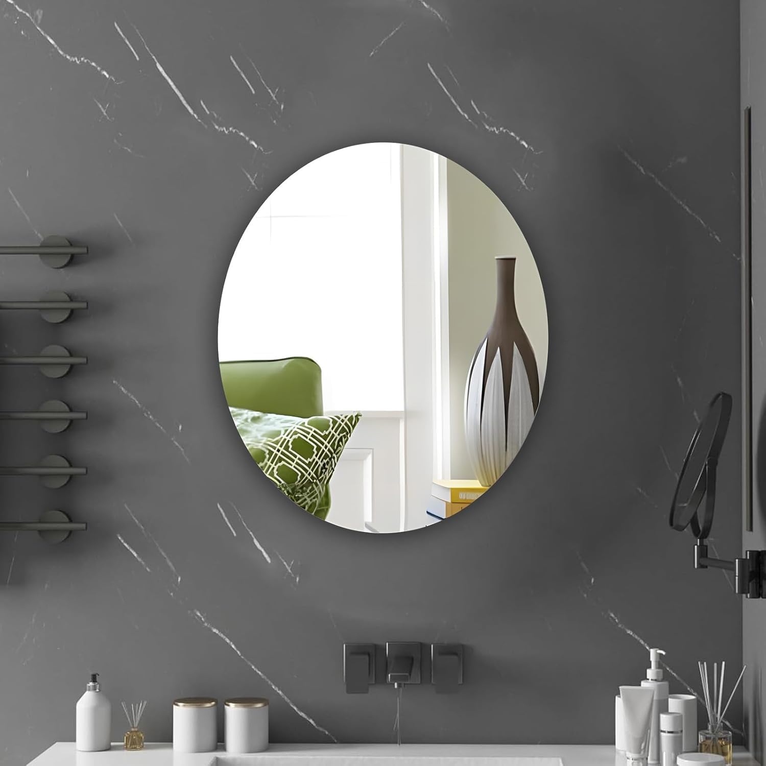 PANCA Oval Adhesive Wall Mirror Sticker 21x31 cm | Unbreakable Flexible Plastic Mirror for Bathroom, Bedroom & Living Room | Lightweight Wash Basin Mirror for Tiles & Home Decoration (Silver Finish)-image-49