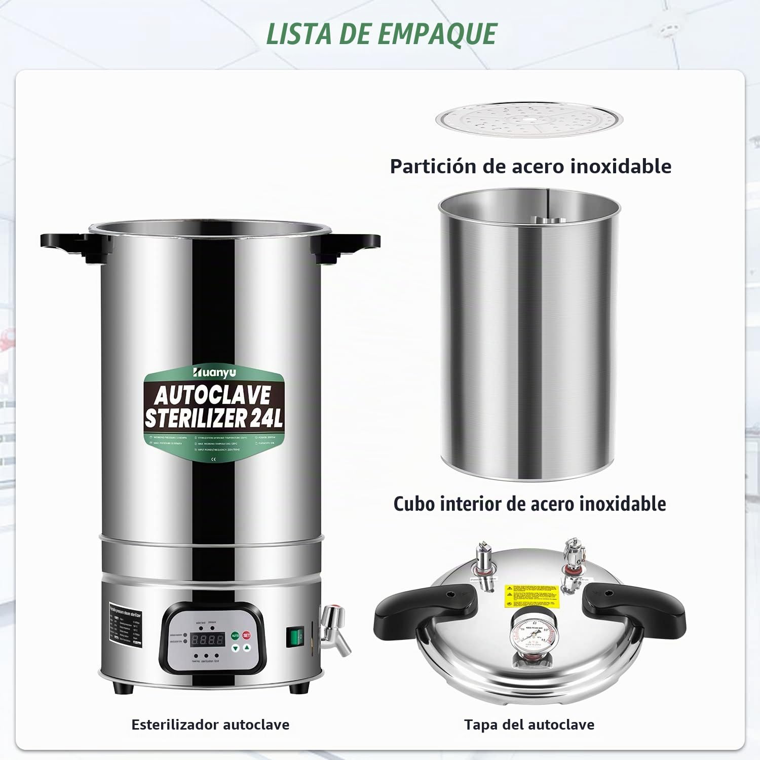 Huanyu 24L Autoclave Esterilizador Automático Autoclave de Vapor Control Inteligente Autoclaves Eléctricos de Laboratorio Esterilizador de Vapor de Alta Presión Ajustable en Temperatura y Tiempo