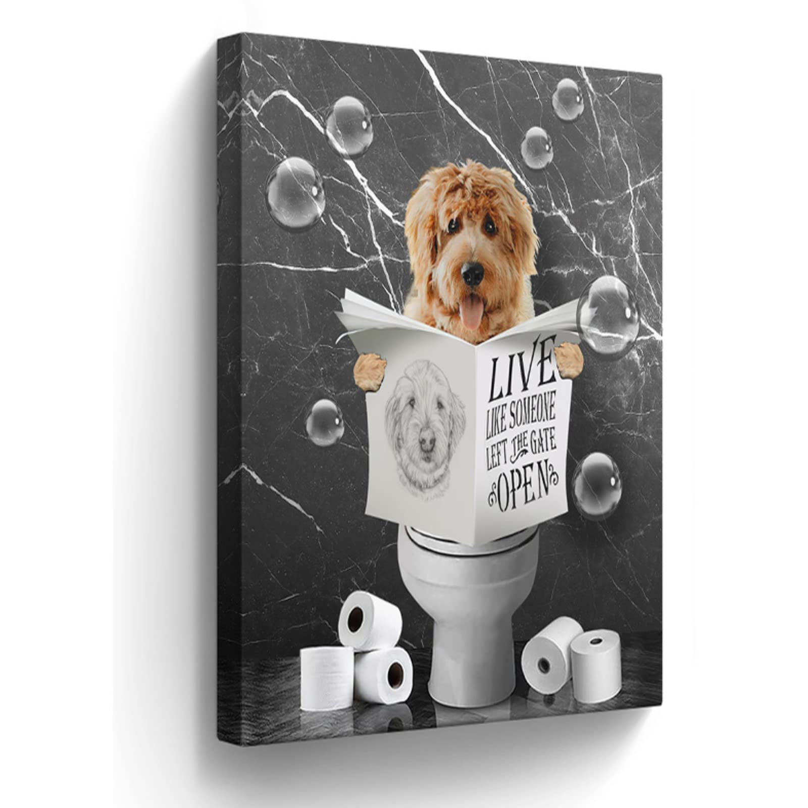 Canvas Wall Art: Funny Dog in Toilet - Black & White Animals - Farmhouse Bathroom Artwork - Framed 16x24