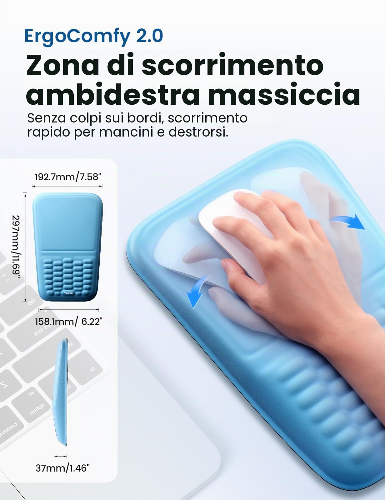 VAYDEER Tappetino Mouse con Supporto Polso [Ergonomico] [Riduce il Dolore] [Memory Foam Morbido] [Materiale Traspirante] [Antiscivolo] Accessorio Ufficio per Computer Blu