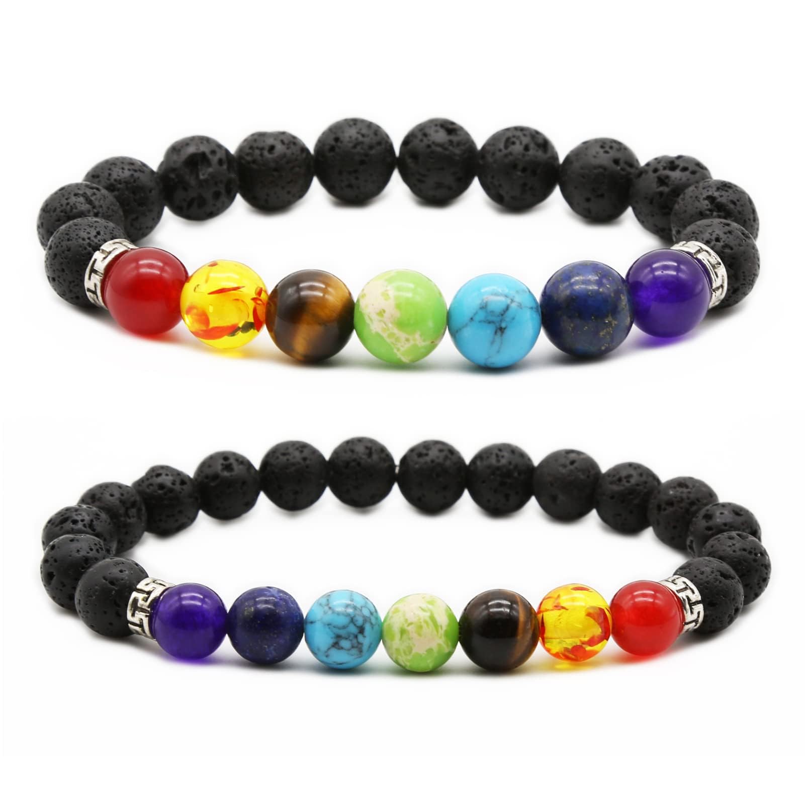 2pcs 10mm 8mm Lava Rock 7 Chakra Bracelet Aromatherapy Essential Oil Diffuser Bracelets Couples Yoga Beads Bracelet Lava Stone Stretch Bracelet for Men Women