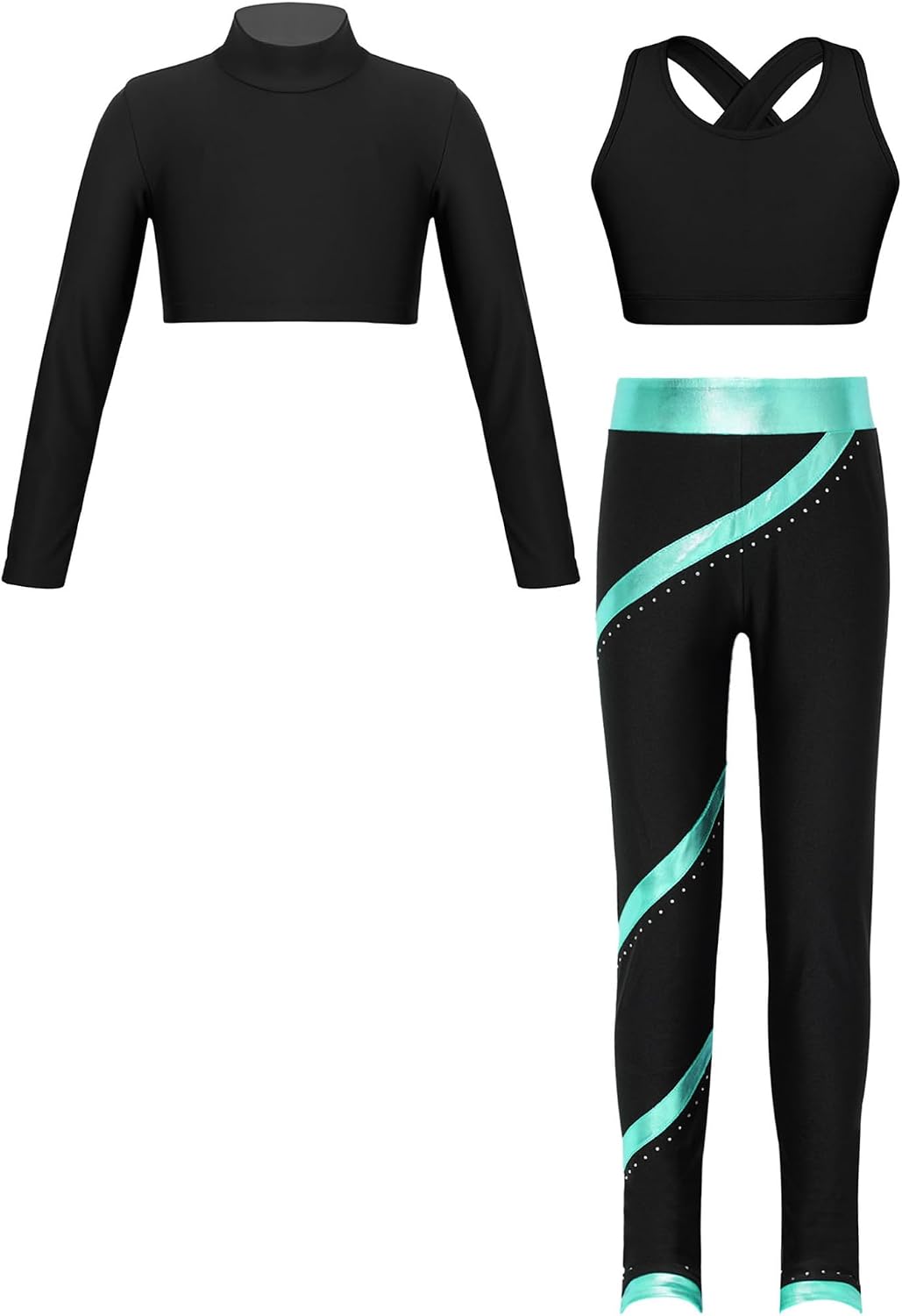 Hansber Kids Girls 3Pcs Dance Outfit Long Sleeve Turtleneck Crop Top with Sports Bra Athletic Leggings Gymnastics Tracksuit