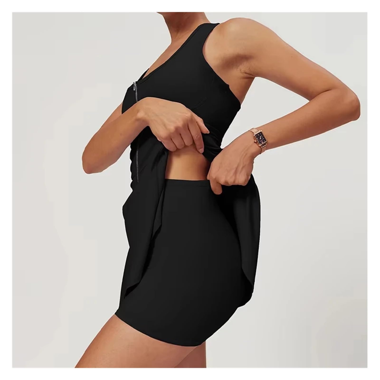 Sportkleid Sport Kurzen Rock Set Fitness Sportswear Laufen Anzug Golf Tennis Kleid Workout Kleidung(Black,XL)
