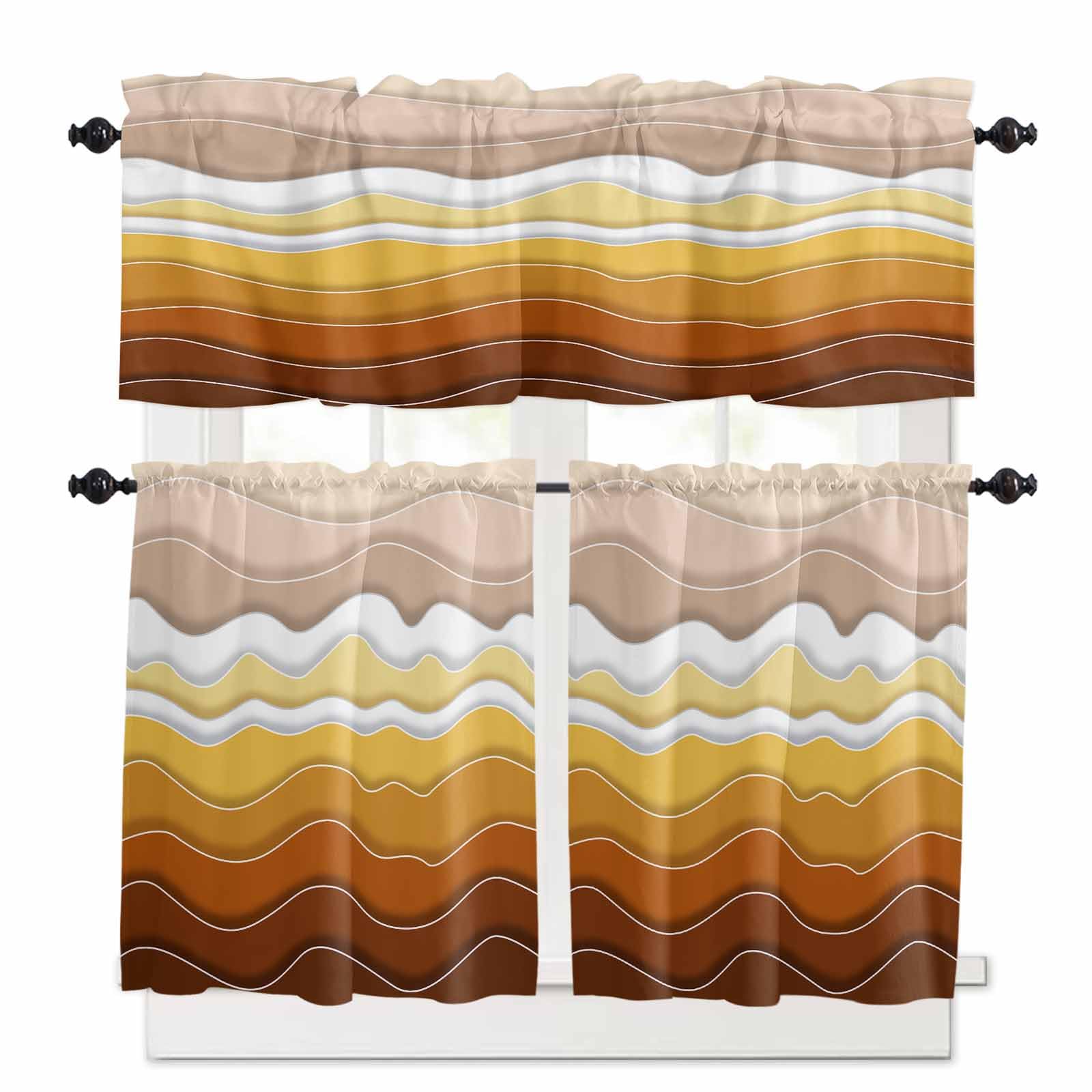 Burnt Orange Ombre Stripe Kitchen Curtains 36 Inch Length,3 Piece Rod Pocket Small Half Tiers and Valance Set,Abstract Summer Beach Coastal Small Large Window Treatment Decor for Bedroom/Bathroom