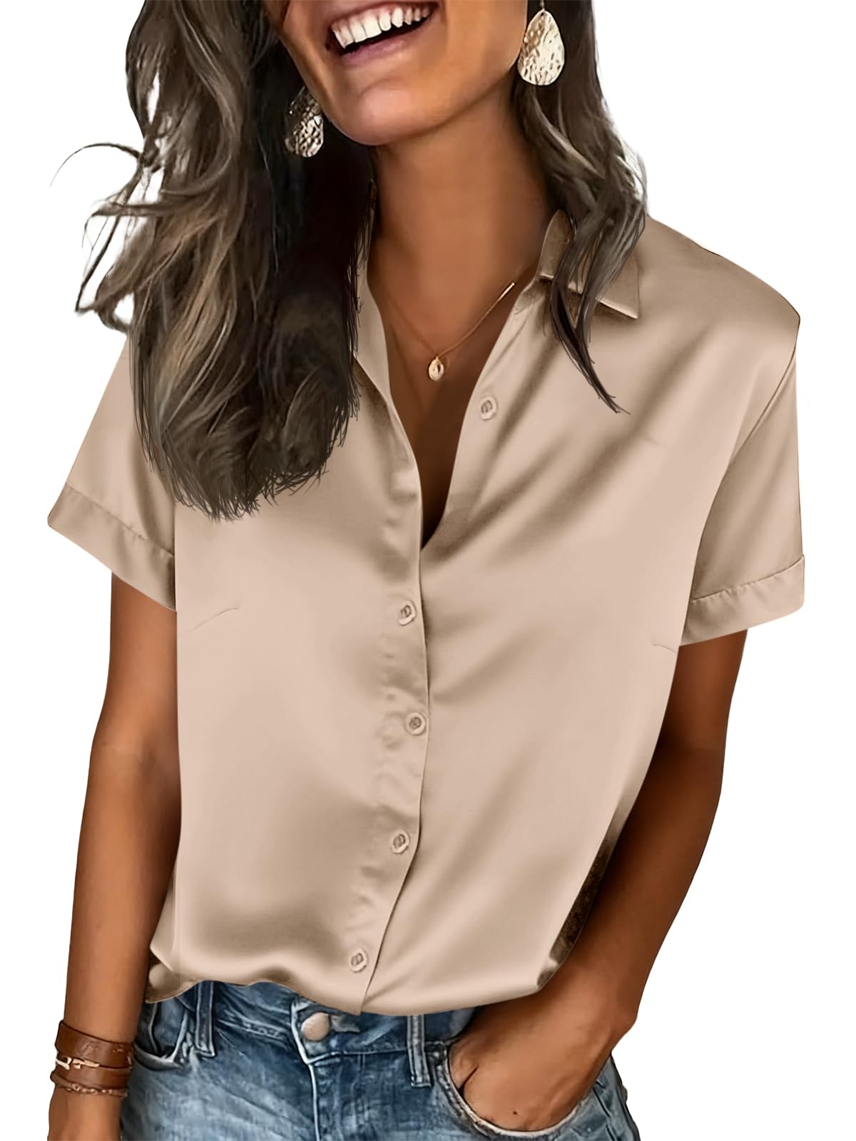 Tankaneo Damen Button Down Bluse V Ausschnitt Kurzarm Einfarbig Satin Blusen Sommer Lässige Oberteile