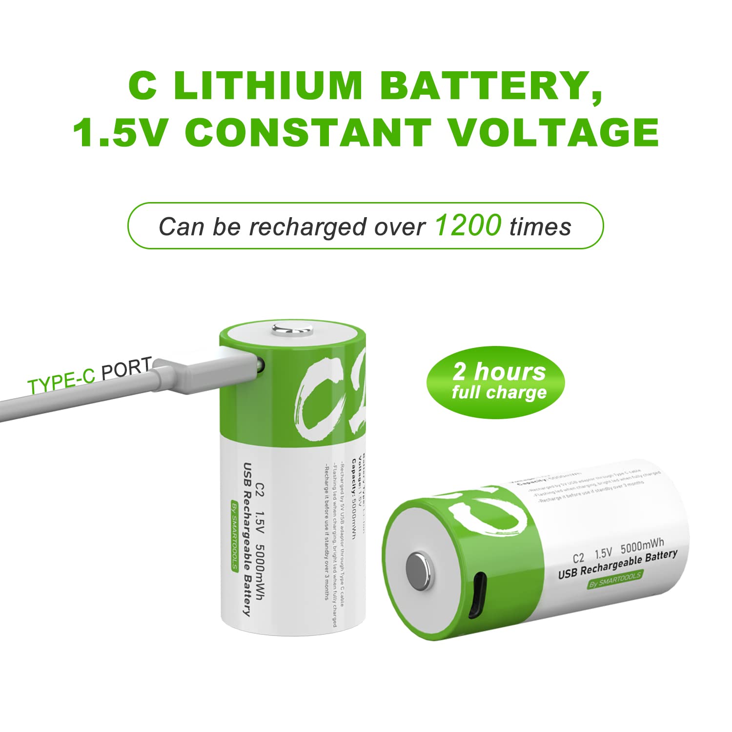 C Battery 1.5V Rechargeable Battery USB Type-C Port C Cell 5000mAh High Capacity 250118 (2 Pack)