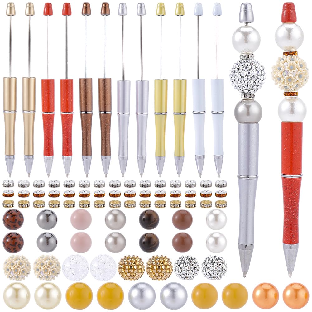 BEAMARKER 12 Sets 101Pcs Plastic Beadable Pens Assorted Bead Pens Multicolor Bubblegum Rhinestone Spacer Beads DIY Ballpoint Set for Women Men Office Supplies Back to School Gift (Brown)