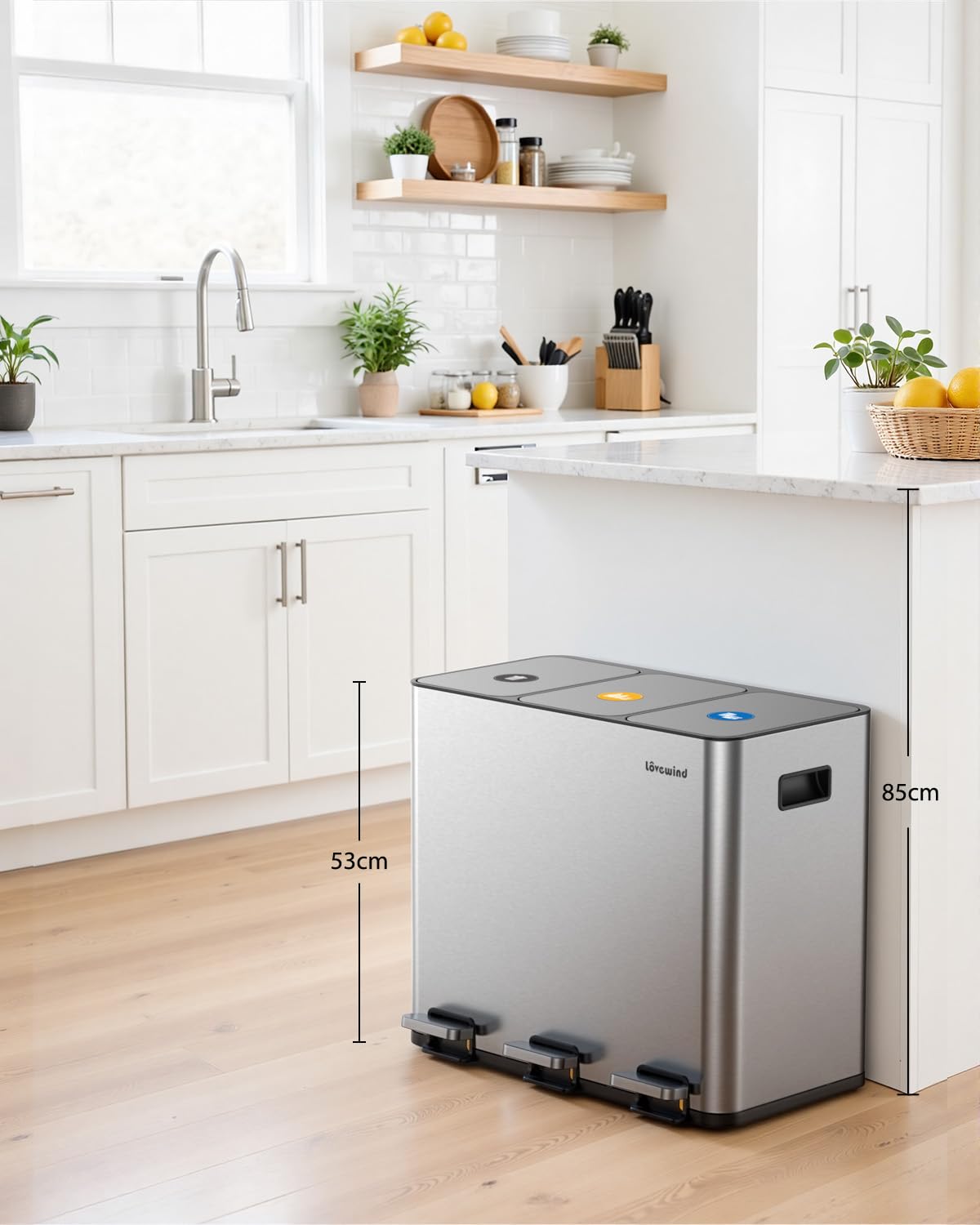 lovewind Mülleimer, 3 x 17 l Recyclingeimer, 3-Fach-Mülleimer für Recycling und Abfall, inklusive magnetisches Etikett, Soft-Close-Deckel, Pedale, Inneneimer, Stahl, Silber
