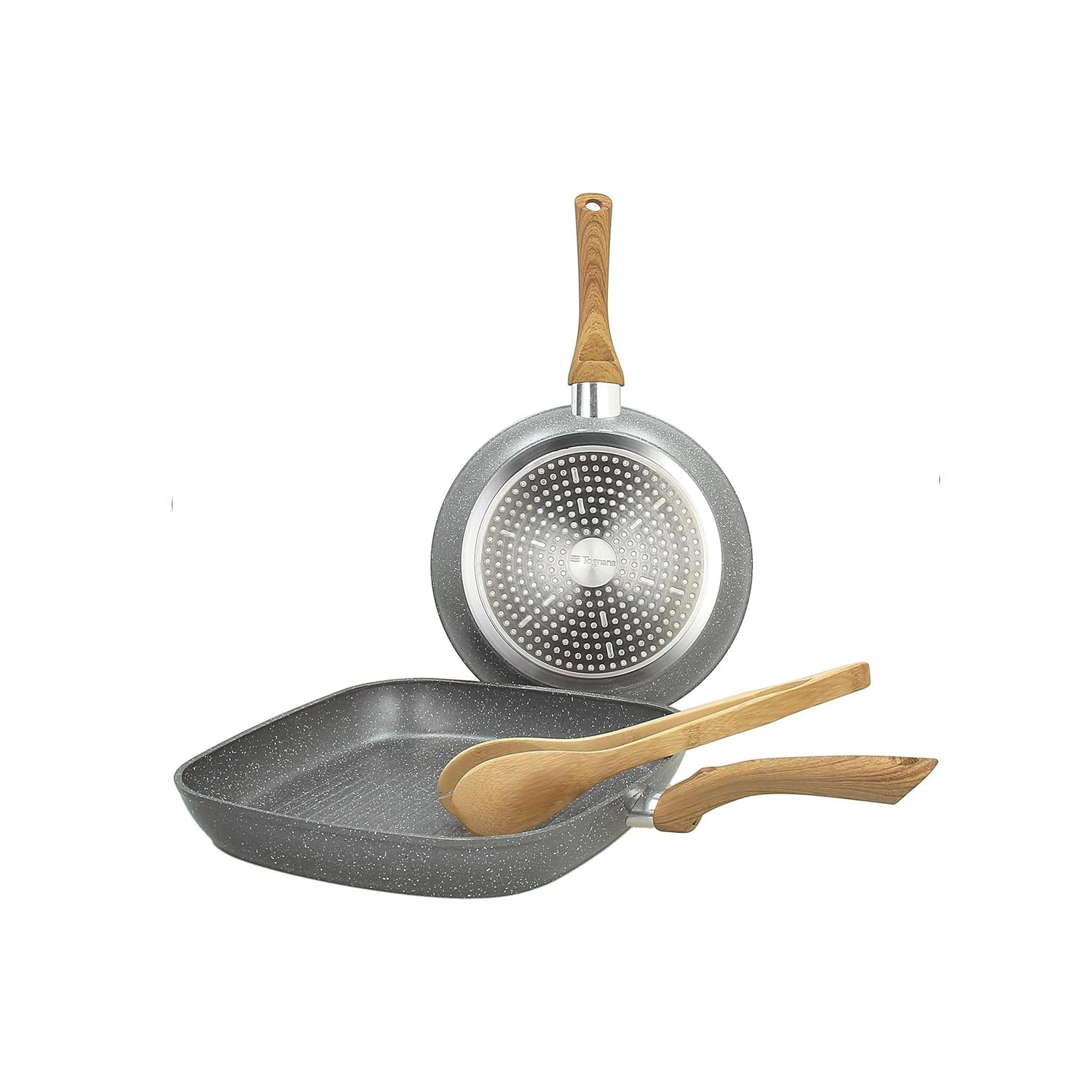 Avilia Set Padella Rotonda Antiaderente con Grill Quadrata e Pinze - Set Padella, Grill ad Induzione e Pinze, con Rivestimento Marmotech e Pinze in Bambù, Padella da 24cm e Bistecchiera da 28 cm