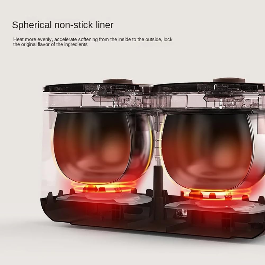 Diagram showing the spherical non-stick liner and even heat distribution within the Kioxiuin Dual Inner Multi-Function Electric Rice Cooker.