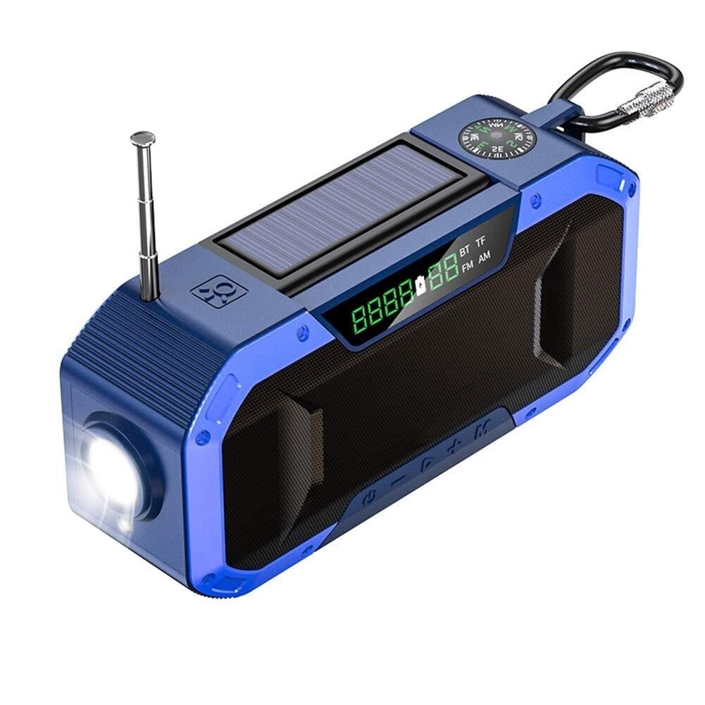 Radioodbiornik AM/FM z korbką, przenośny radioodbiornik pogodowy zasilany energią słoneczną, z jasną latarką, kompasem, alarmem SOS i powerbankiem o pojemności 5000 mAh, do biwakowania na św