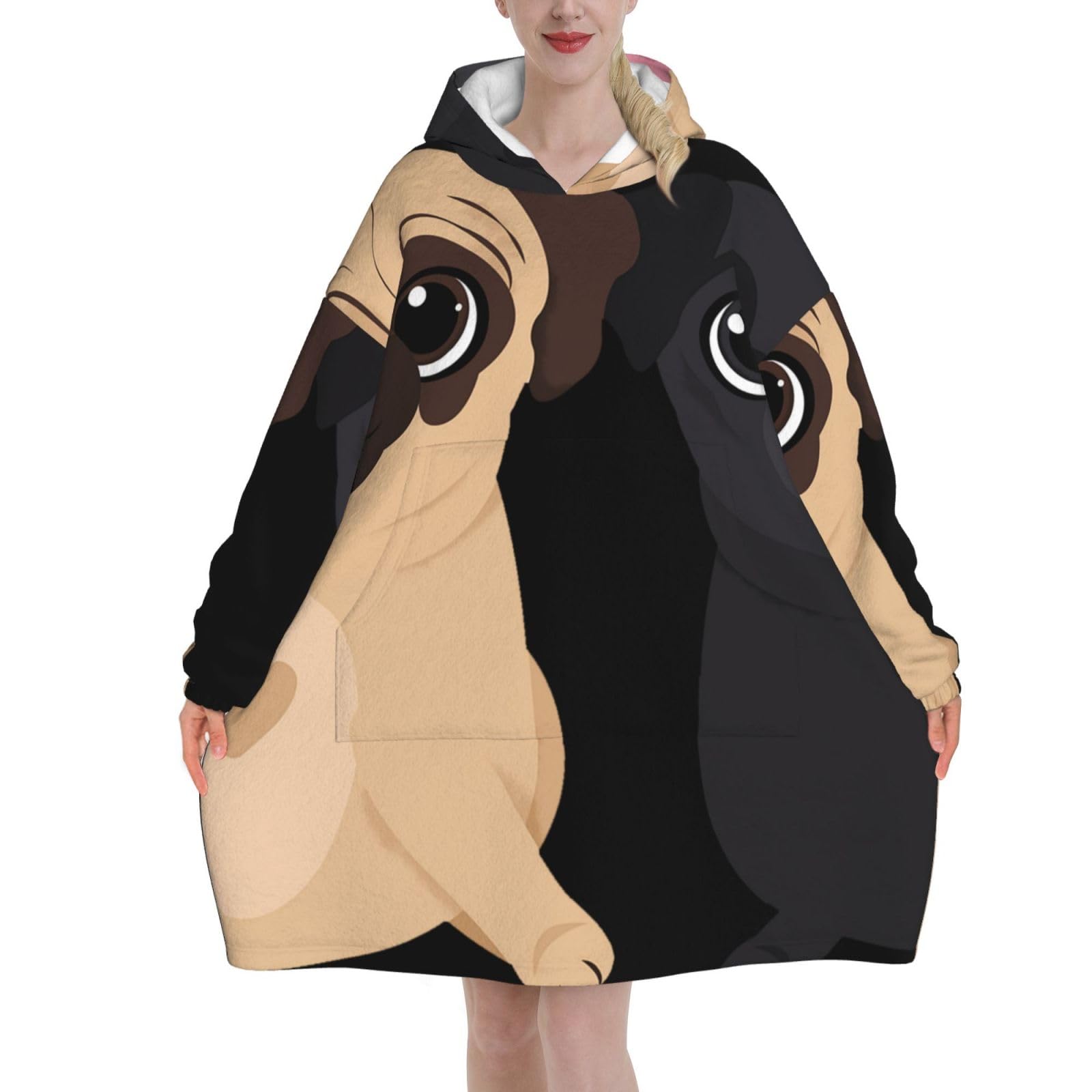 Peiyeety Unisex Funny Pugs Dogs Blanket Hoodies For Women And Men Adult Oversize Wearable Blanket Hoodies For Soft And Warm