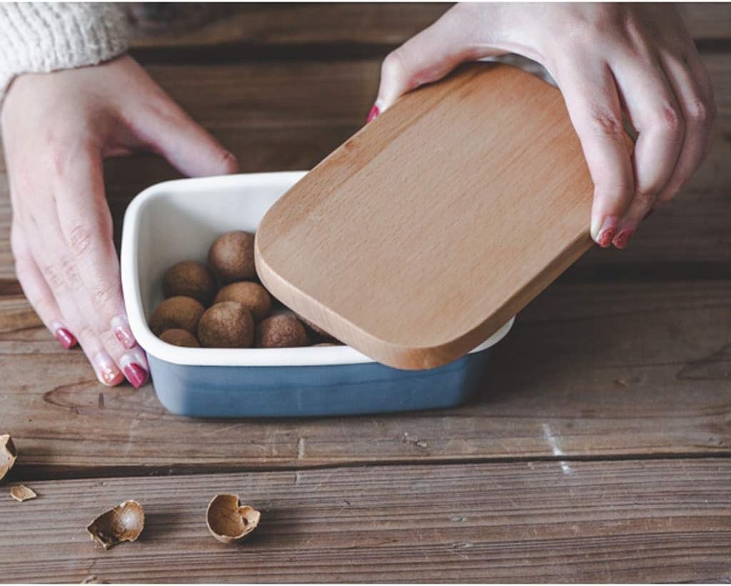 Butter Container Butter Dish, Enamel Butter Container with Wooden Lid, Square Butter Paste Dish Seasoning Dish Kitchen Tableware Supplies for All Types of Butter