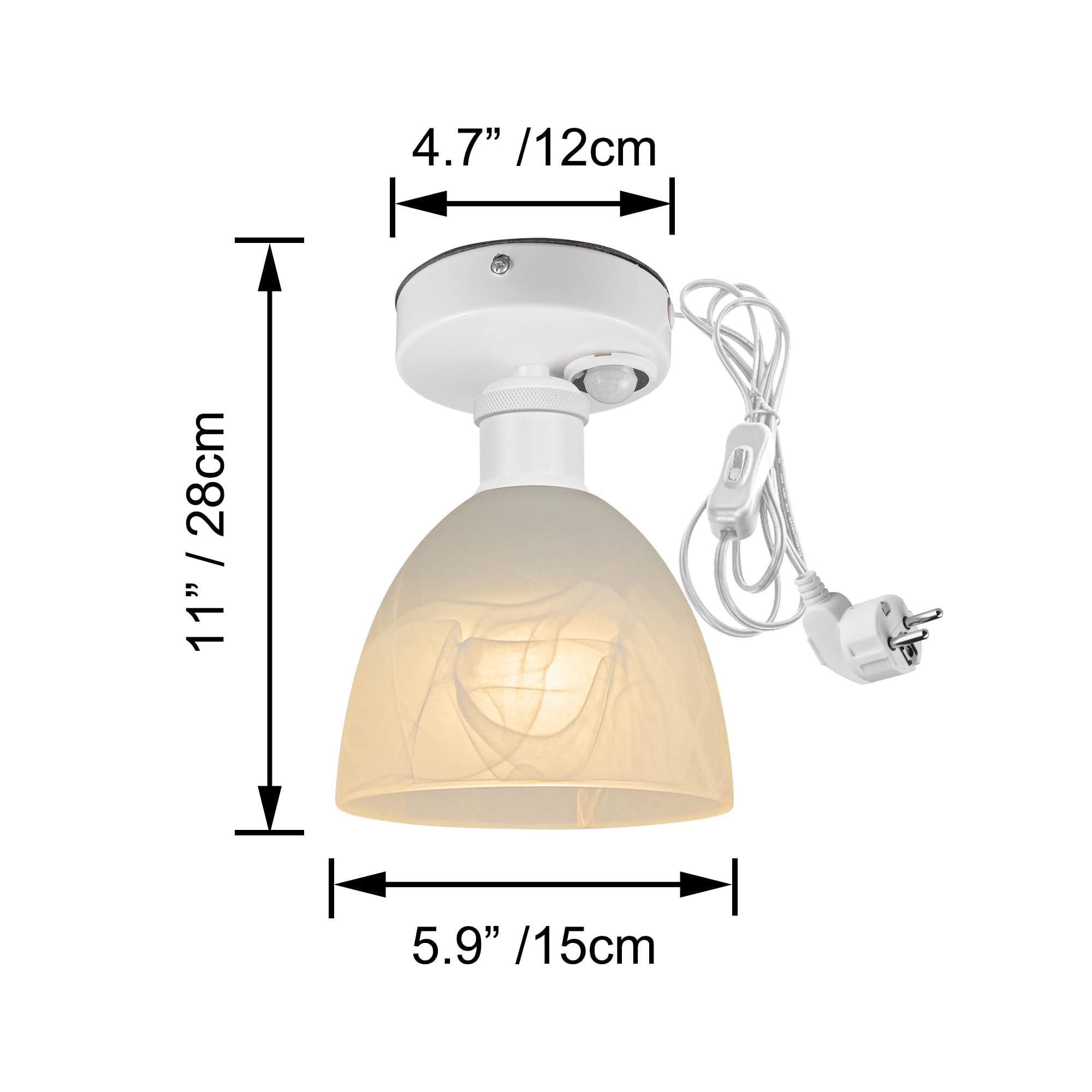 Plafoniera con sensore di movimento interno, moderna lampada da soffitto in vetro smerigliato, sensore di movimento radar con cavo da 4,5 m e portalampada E27, per corridoio, bagno, scale,