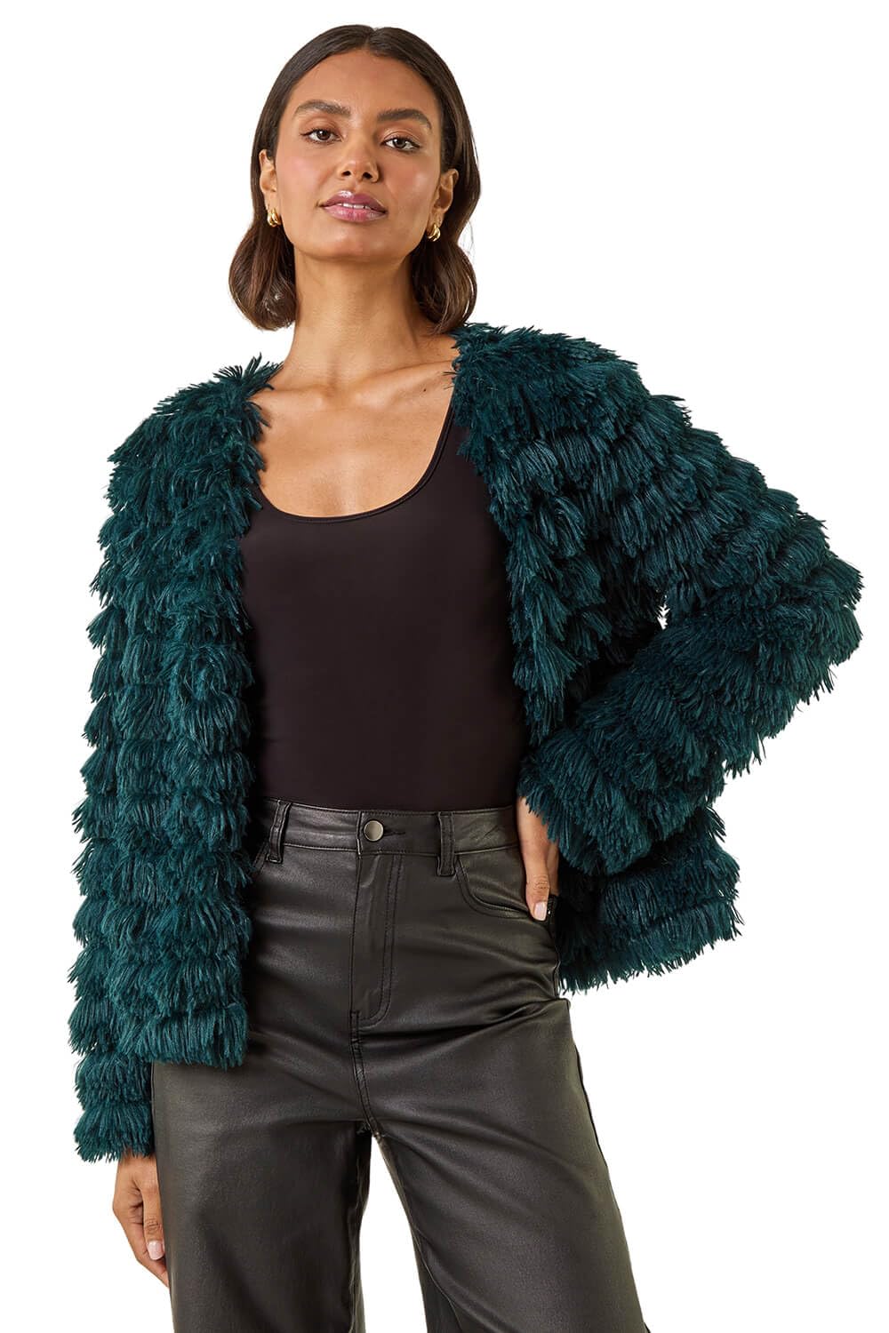 Roman Faux Fur Fluffy Layered Jacket - Teal - Size 10