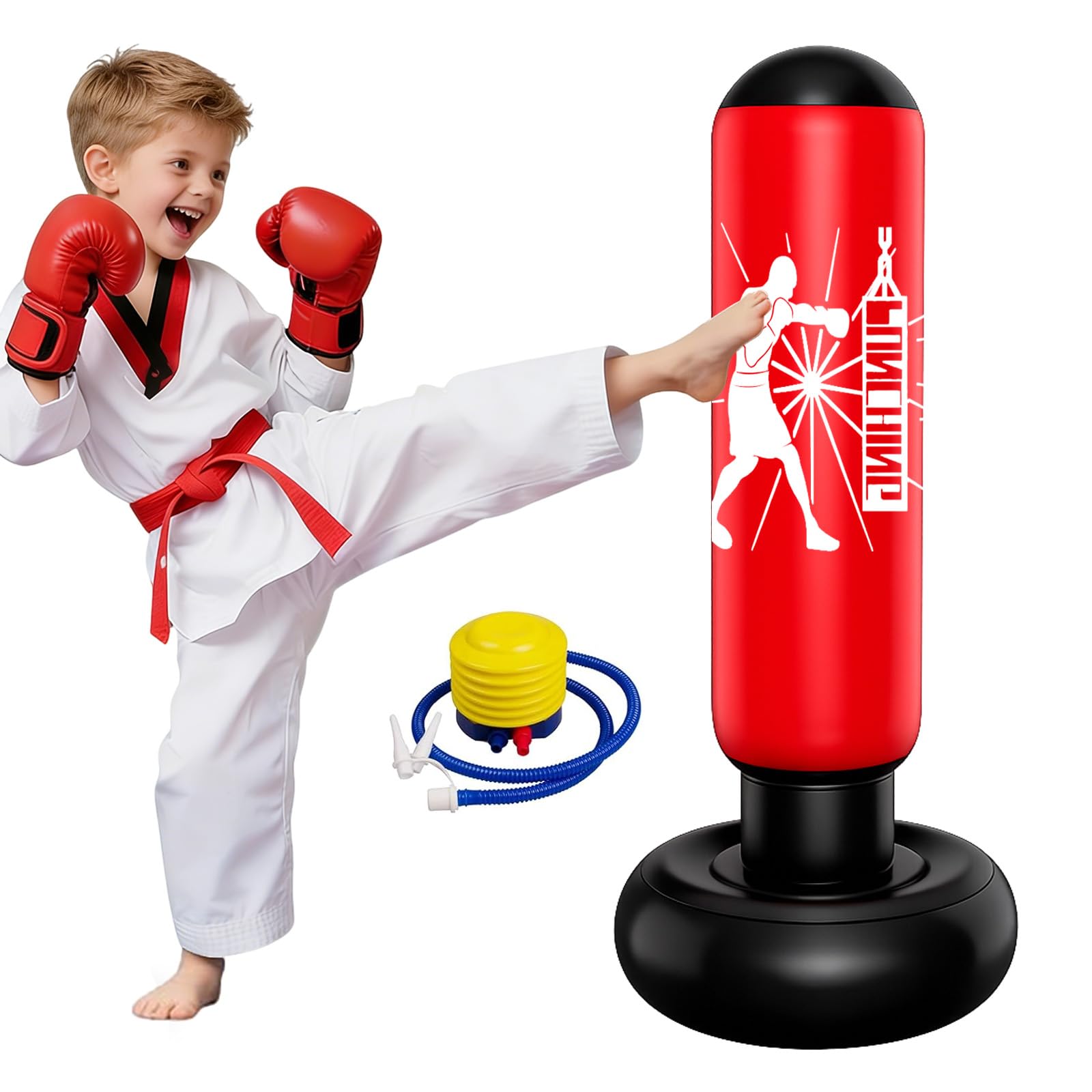 Sacco da Boxe per Bambini, 160 CM Sacco da Boxe Bambini Gonfiabile in PVC con Pompa, per Ragazzi e Ragazze, Pratica Karate, Kickboxing, Taekwondo, MMA