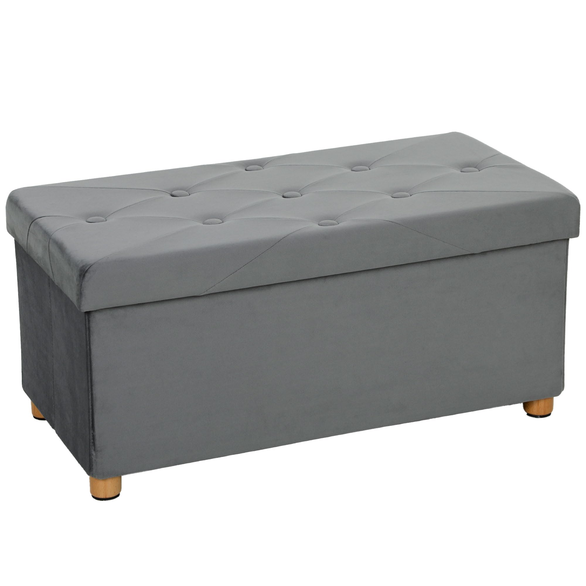 HOMCOM Storage Ottoman Bench Velvet Foldable Footrest Wood Legs Grey