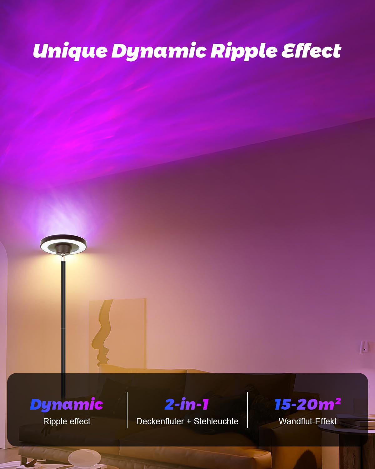 LED Deckenfluter mit Wasserwellen-Projektor, 24W Stehlampe Wohnzimmer Dimmbar, RGB Ambientebeleuchtung, 2700-6500K, Fernbedienung, Moderne Stehleuchte für Schlafzimmer Gaming Zimmer Wohnzimmer