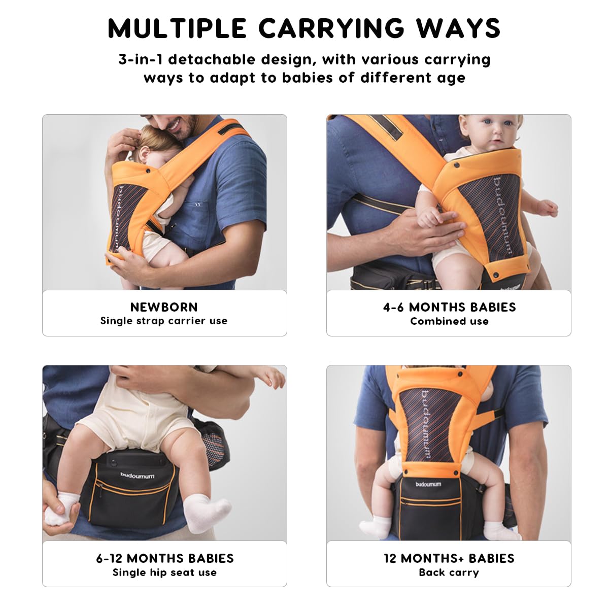 SONARIN 3 in 1 Regolabile Marsupio Neonati con Sedile,Portantina Multifunzionale Ergonomico Porta Bambino Fascia Porta Bebè Multi-Posizioni per Neonati Bambini 0-36 Mesi(Blu)