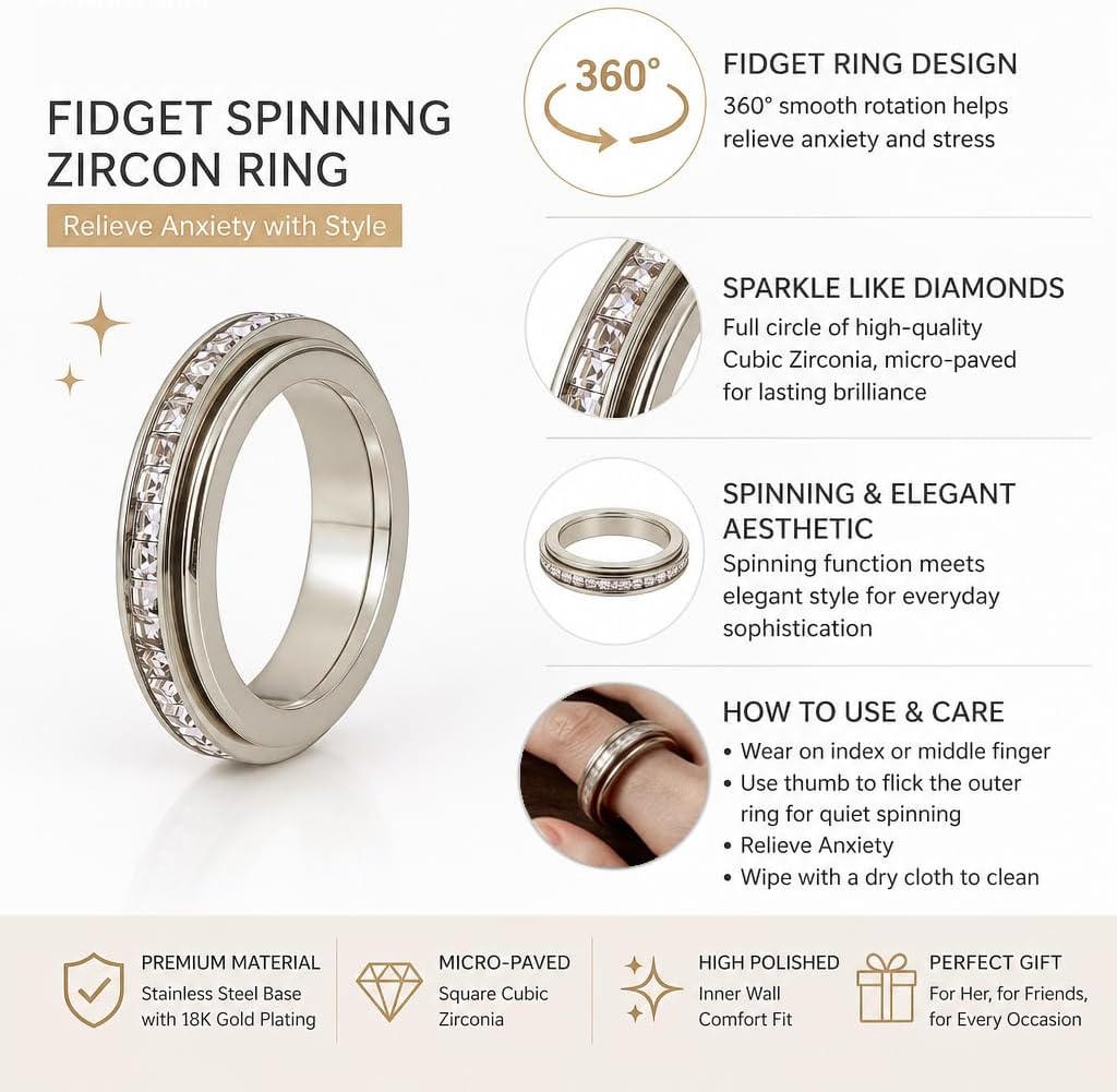 Anxiety Rings Titanium Steel Spinner Fidget Band Rings for Women, Cubic Zirconia Relieving Anxiety Wedding Promise Lucky Statement Rings Comfort Fit Size 5 to 11