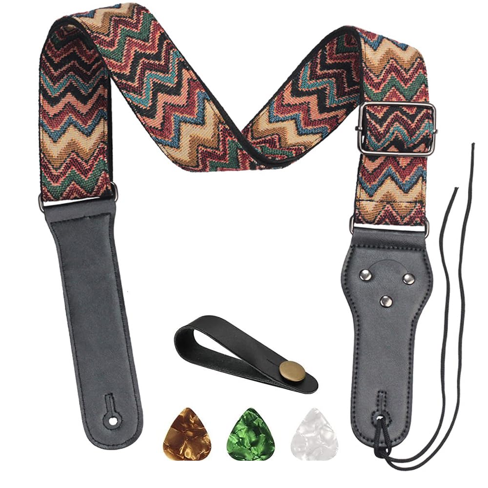 Guitar Strap, Guitar Straps Adjustable Genuine Leather Ends Jacquard Weave Bass Strap for Acoustic/Electric/Guitars,(Multicolor stripes) (Multicolor Stripes)