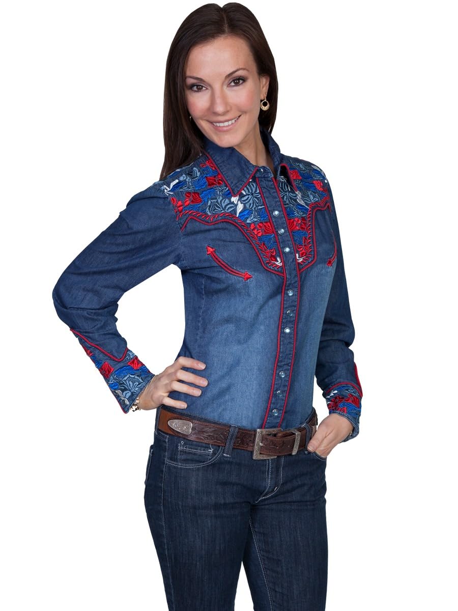 Chemisier Femme Western - Manches Longues, Broderie Dorée, Boutonnage, Noir, Style Cowgirl Sexy Et Habillé
