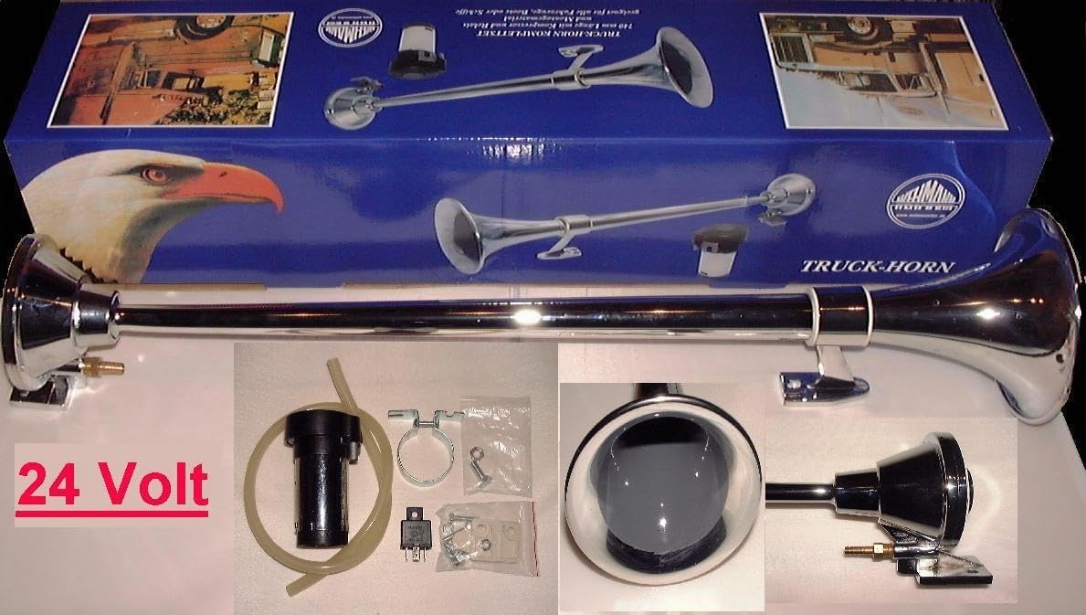 Eagle Truck Horn 74 cm Bootsfanfare mit 24 Volt Kompressor Metall Chrom Schiffshorn Nebelhorn