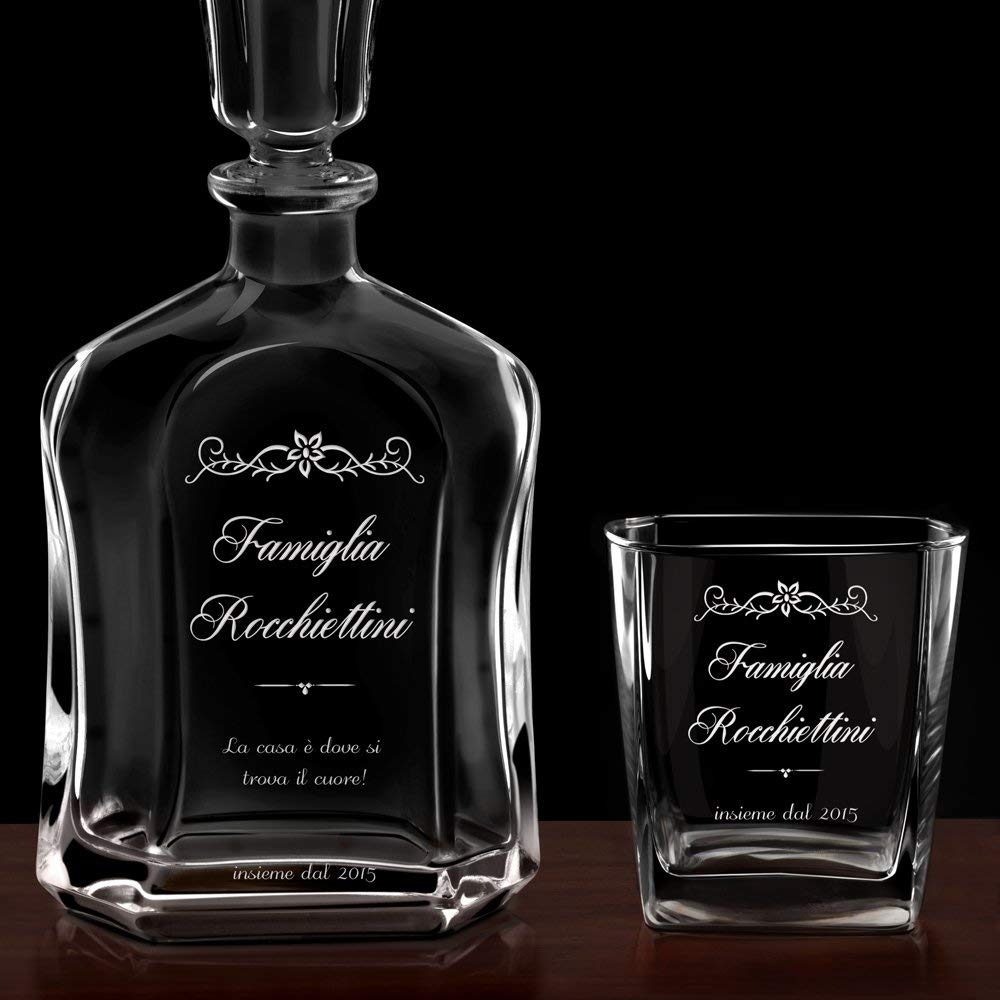 Maverton Set Decanter per Whisky in vetro - da 700 ml - incisione personalizzata - Caraffa + 2/4/ 6 bicchieri - idea regalo per l'anniversario per la coppia di sposi o fidanzati - Primula