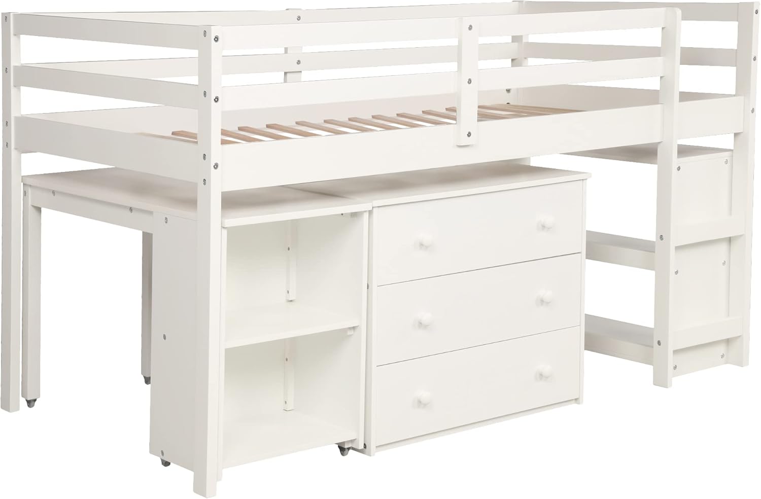 Twin Size Low Loft Bed with Rolling Portable Desk, Low Study Loft Bed Frame with Storage Cabinet, Wooden Twin Bedframe with Safety Guard Rails and Bookcase Shelf, White