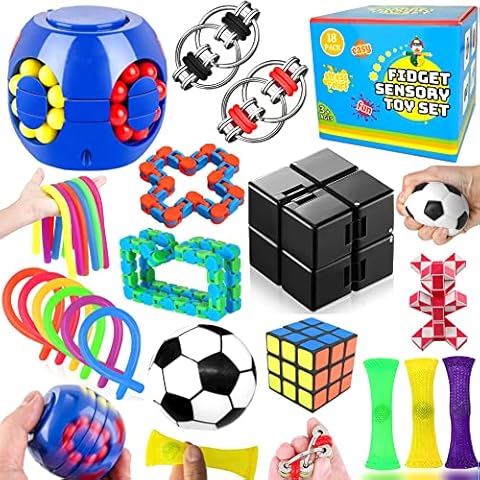Paochocky 18 Pcs Fidget Toys Set,Sensory Toys for Autism ADHD,Stress Reliever with Toy Box Magic Burger Cube,Flippy Chain Stress Ball Anti-anxiety Birthday for Teen Children Adult Cover