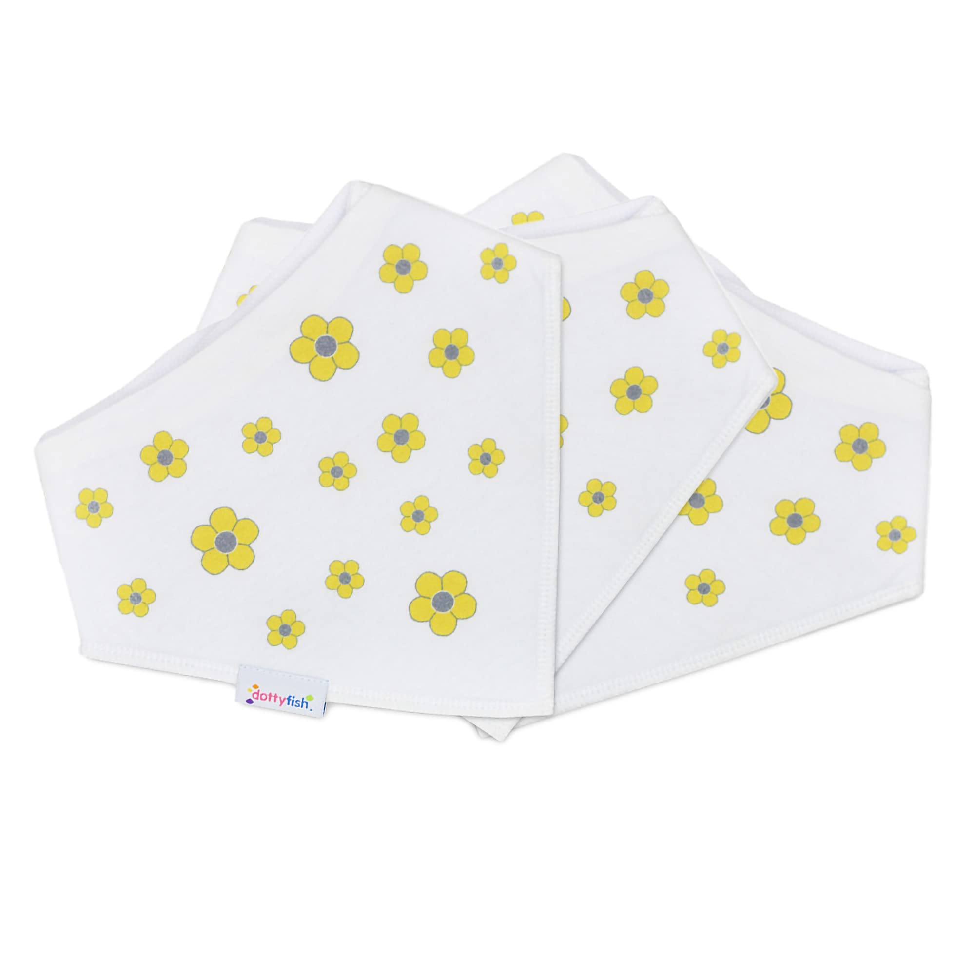 Dotty Fish Baby Bandana Bibs – Organic Cotton Dribble & Teething Bibs with Super Absorbent Fleece Backing, Adjustable Popper Closure, for Newborns & Toddlers – Yellow Flowers 3 Pack