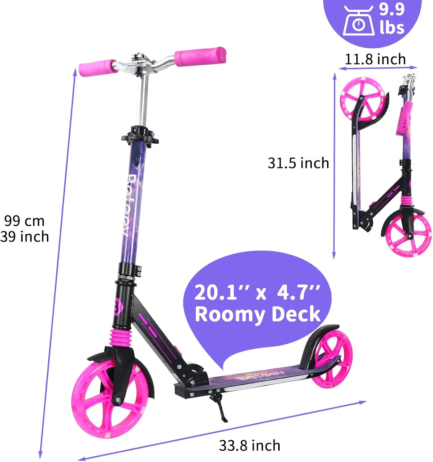 BELEEV V5 Plus Scooters for Kids Ages 6+, Teens with Light-Up Wheels & Deck, 2 Wheel Folding Lightweight Sport Scooter with 4 Adjustable Height, 8-inch Big Wheels, Carry Strap, Max Load 220 lbs