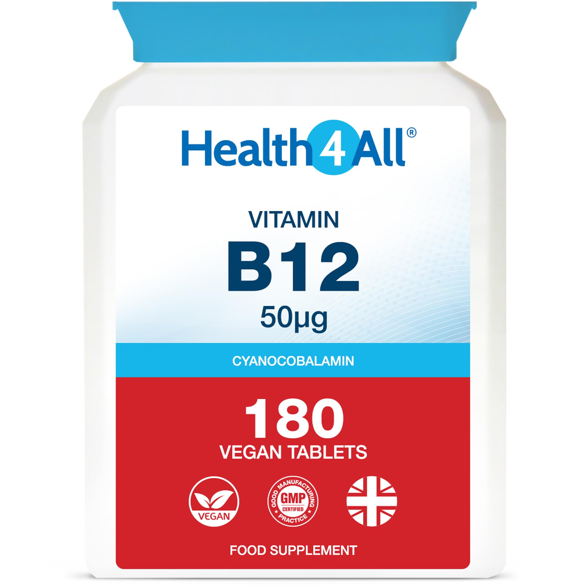 Health4All Vitamin B12 Cyanocobalamin 50mcg 180 Tablets 6 Months Supply, VitB12 Supplement, Contributes to The Reduction of Tiredness and Fatigue, Vegan & Gluten-Free | Made in UK