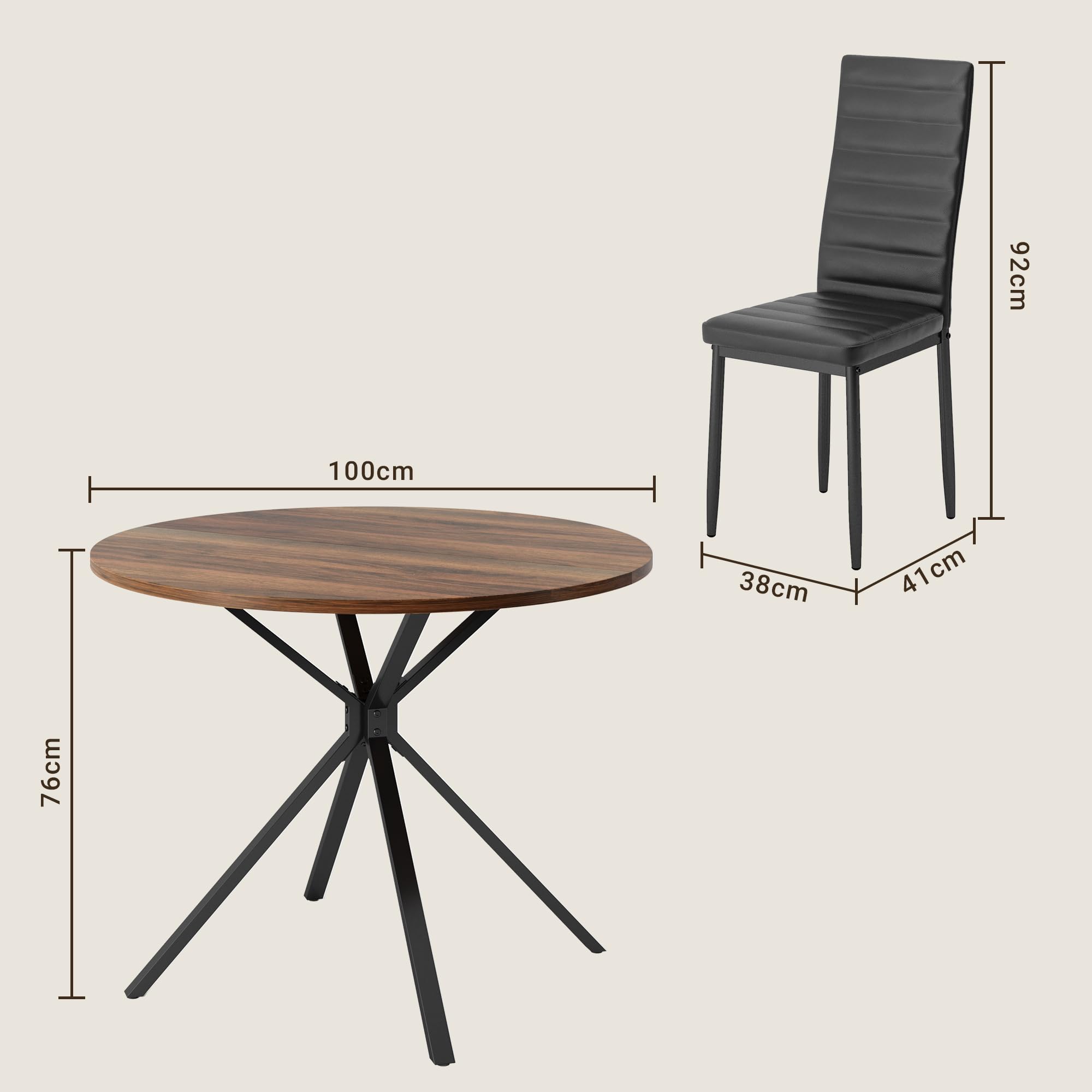 Xbro Essgruppe 5-Teilig, Runder Esstisch Ø100 cm und 4 Polsterstühle, Moderner Holz-Esstisch mit gepolsterten Esszimmerstühlen, für Küche, Esszimmer, Wohnzimmer, Vintage