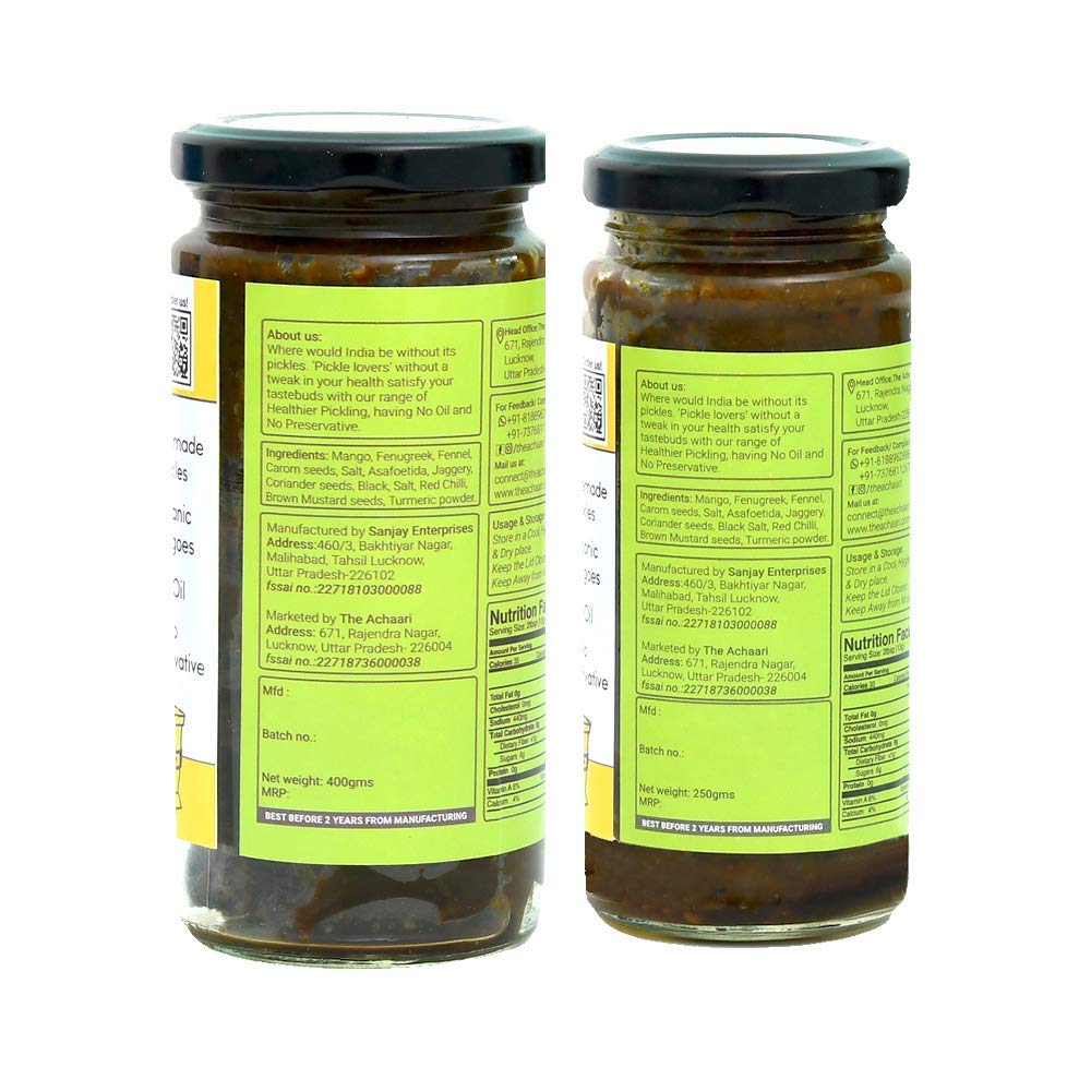 The Achaari Nouncha, 100% No Oil & No Preservative, Homemade Dry Mango Pickle, Combo Pack (400 Grams + 250 Grams) 1
