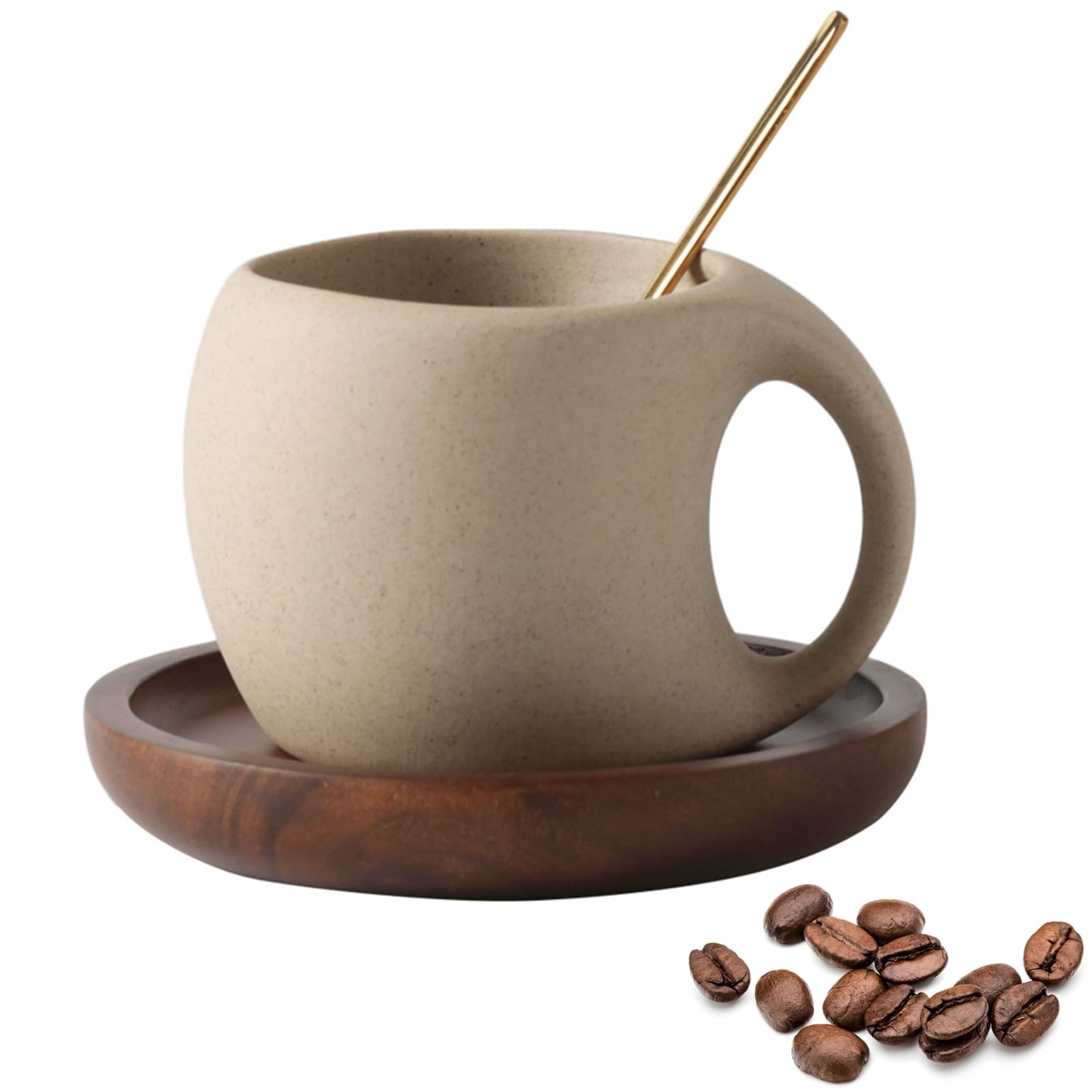 Beauenty 8 oz Ceramic cups set,Coffee Mug with Natural Acacia Wood Saucer for Espresso,Unglazed Porcelain Cup Set for Espresso,Latte, Cappuccino, Tea, Vintage Coffee Cup for Home or Office (Retro)