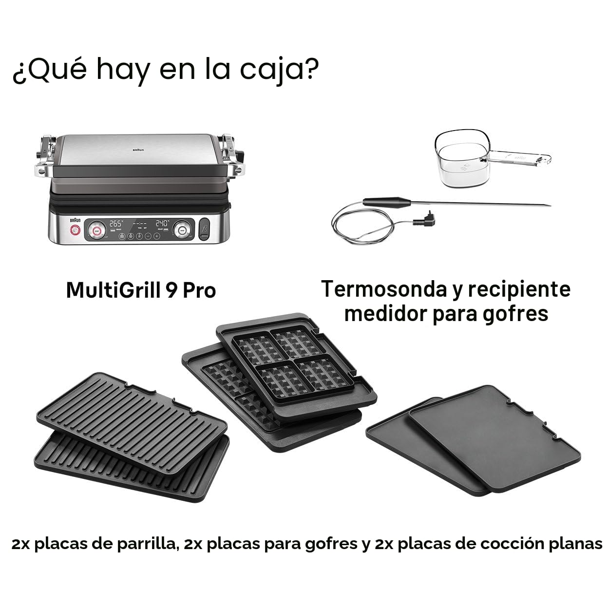 Braun MultiGrill 9 CG 9167, Plancha Eléctrica con Placas Planas, Parrilla y Gofres, 2 Termostatos Independientes, 3 Posiciones, Sonda Térmica, Apta para Lavavajillas, 2000W, Negro/Acero Inoxidable