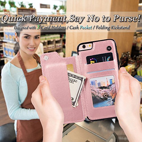 Iphone 6S Wallet Case,Iphone 6 Leather Case With Card Holder,Auker Shockproof Folio Flip Stand Rugged Protective Magnetic Slim Fit Purse Wallet Case With Money Pocket For Women/Men Iphone 6S Rosegold #TOP1
