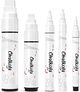 Chalkola Kreidestifte - Weiß 5 Kreide Markers Multipack - 1mm, 3mm, 6mm, 10mm, 15mm Spitze. Kreidestifte für Fenster, Tafel, Glas und mehr. Geeignet für Erwachsene, Künstler, Lehrer und Kinder.